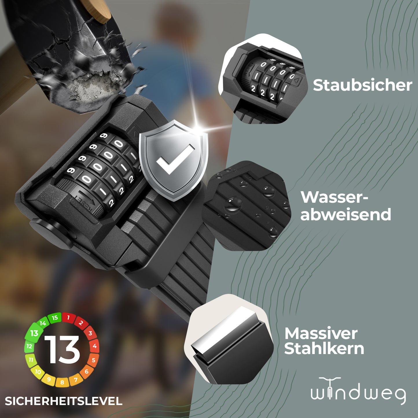 Windweg Faltschloss XL Zahlen 120cm – Sicherheitslevel 13
