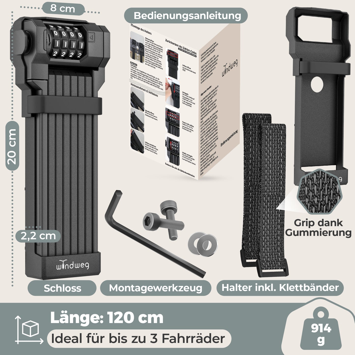 Faltschloss Fahrrad 120cm - Zahlencode