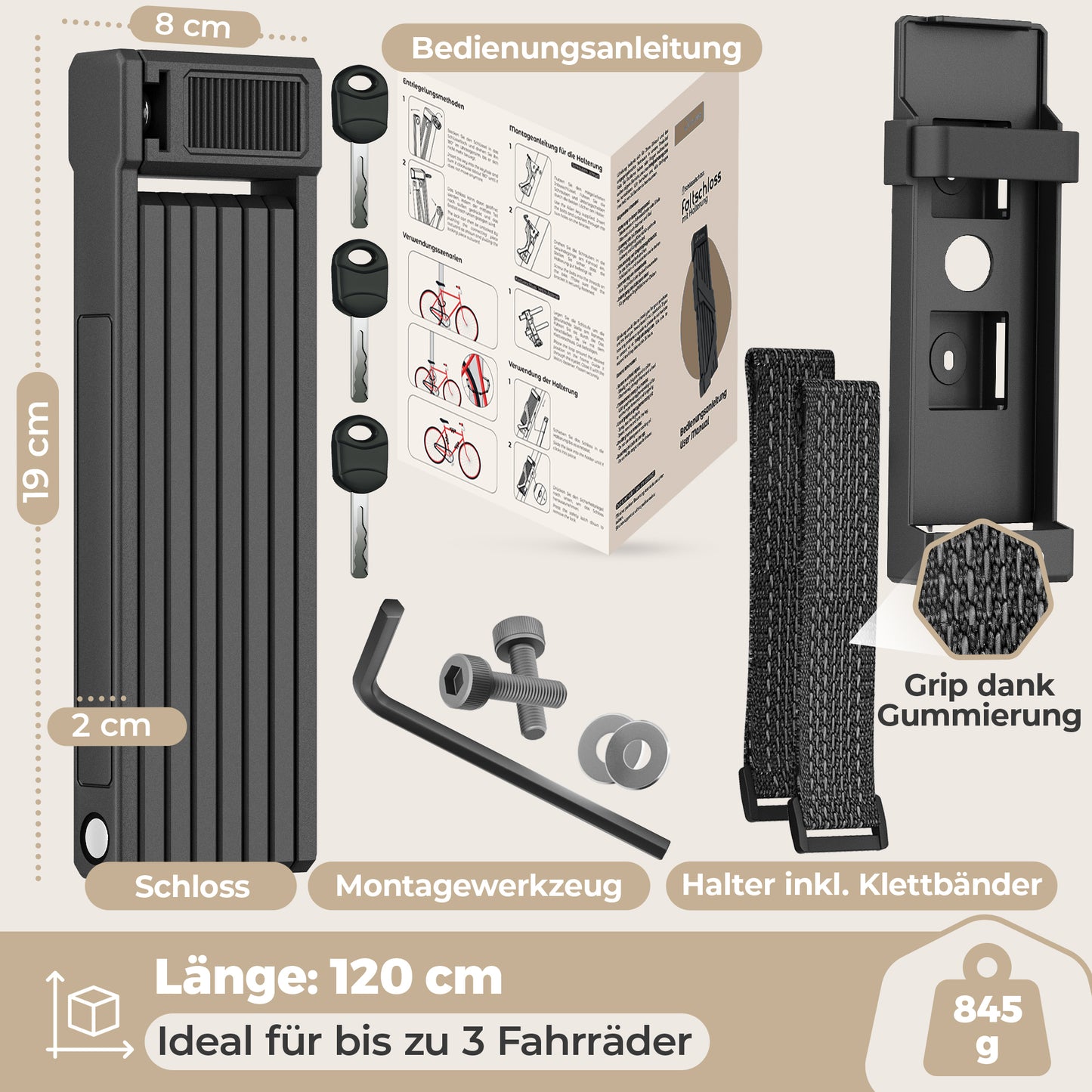 Faltschloss Fahrrad 120cm - 3 Schlüssel