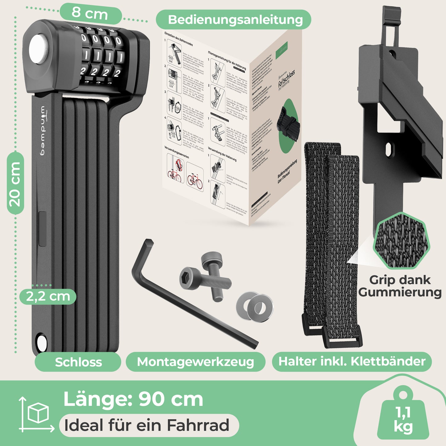 Faltschloss Fahrrad 90 cm – Zahlencode